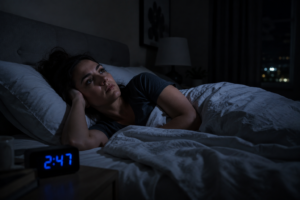 Woman laying awake in bed at 3am.