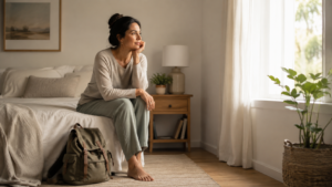 Woman sitting on bed with backpack on floor next to her.